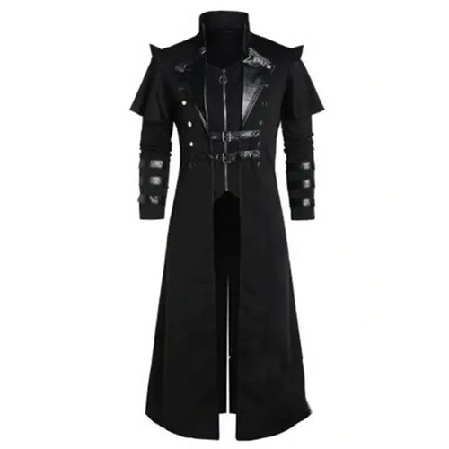 A long black gothic-style trench coat with shoulder epaulets, a high collar, a front zipper, and multiple decorative straps and buckles on the chest and sleeves, shown against a plain white background.