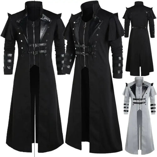 Black long coat with leather accents on a mannequin against a white background
