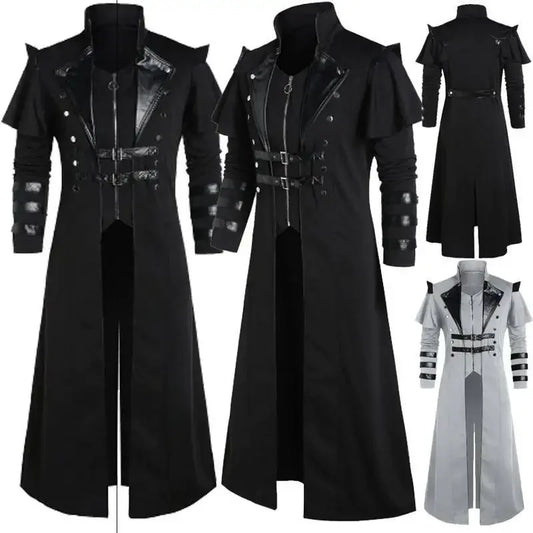 Black long coat with leather accents on a mannequin against a white background